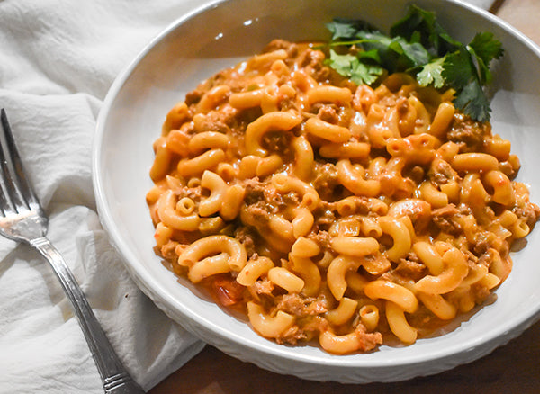 Chugwater Chili Seasoned Fiesta Goulash in Bowl with fork